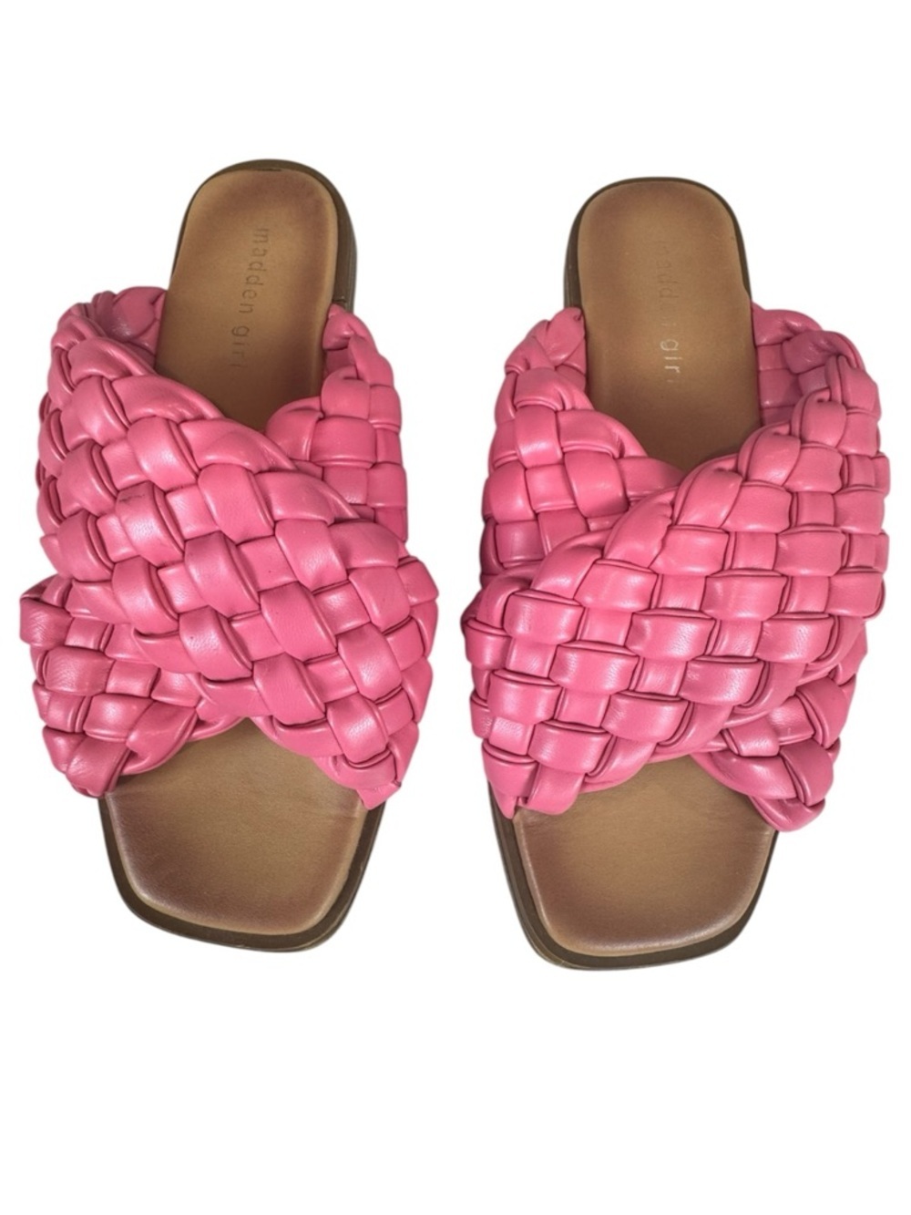 Steve Madden Bubblegum Pink Woven Slide Sandals Square Toe Slip On Size 8.5